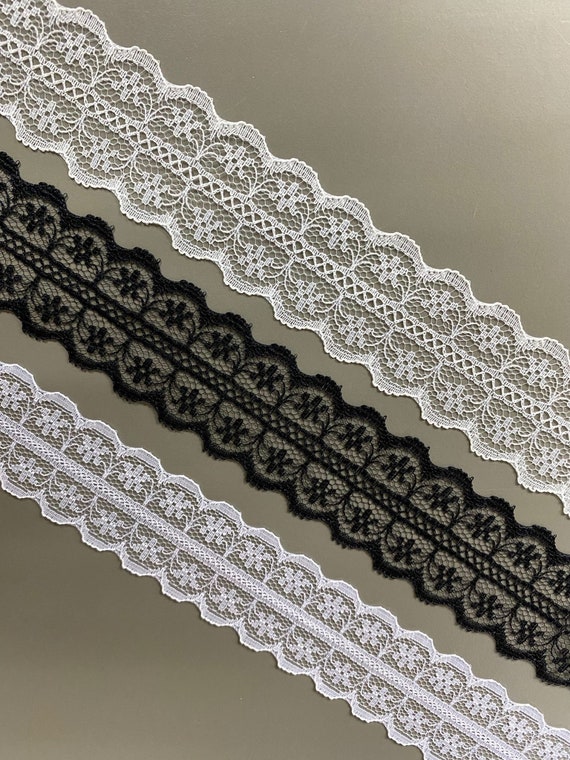 3 Yards Double Scalloped Edge Floral Nylon Raschel Lace Trim 1 1 4 1 1 8 2.8 Cm 3.1 Cm Wide Non stretch Black Ivory White Etsy
