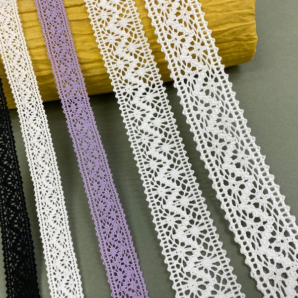 Delicate zic zac cotton cluny crochet lace trim, 3/4" 1 3/8" 1" 1 1/2" 2cm 2.5cm 3.5cm 3.8cm wide, Black, White, Purple, Insertion lace