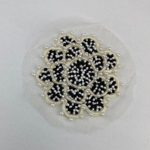 Floral beaded applique patch, black white ivory, vintage floral applique