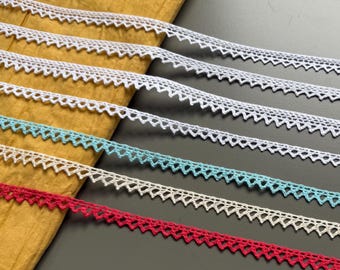 Zig zag edge cotton cluny crochet lace trim, 3/8" 1/2" 1cm 1.2cm wide, Beige, Red, Sky Blue, White