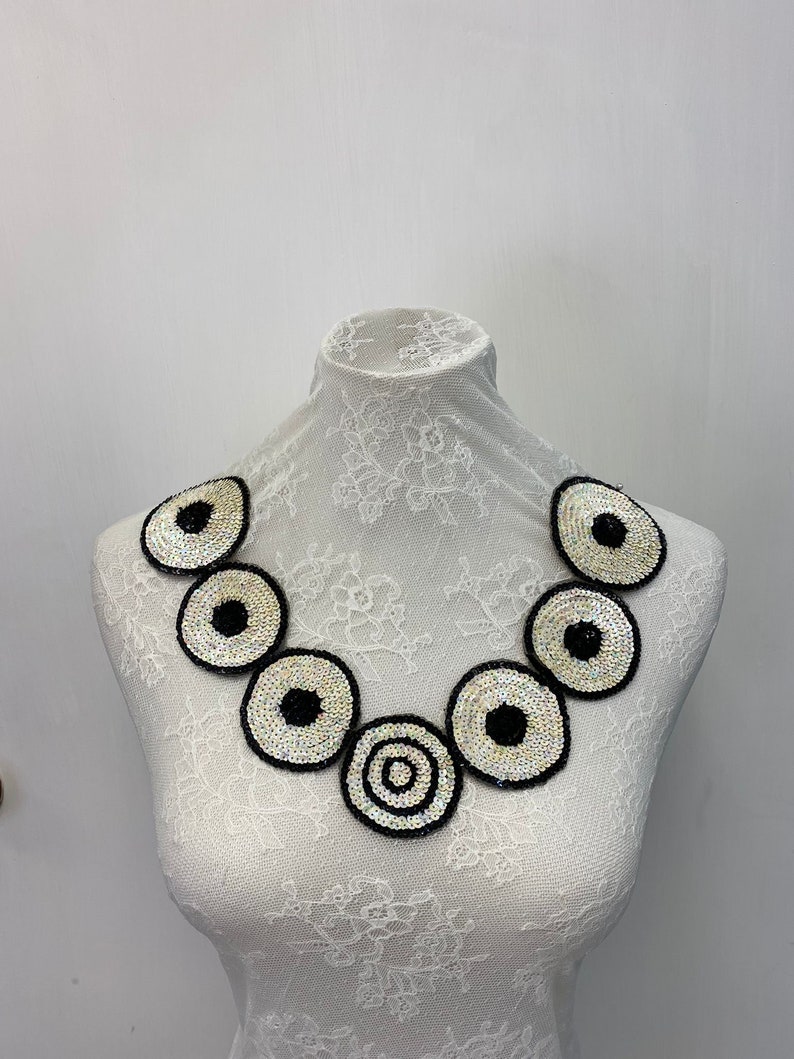 Shiny circle sequin applique motif, 5.5cm x 40cm, neckline applique patch embellishment, dress applique, sew on applique zdjęcie 6