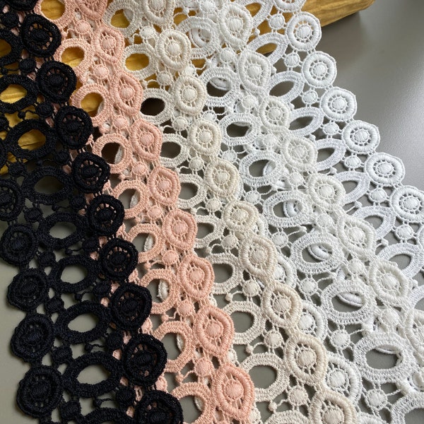 Circle Venice Cotton Lace Trim, 2 3/4" 3" (7 cm 7.6cm) wide, White, Beige, Peach, Black, Ivory