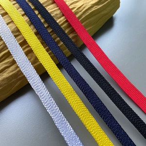 Platte middy gevlochten rand, 3/8" 1/2" 1 cm 1,3 cm breed, zwart, marineblauw, rood, wit, geel, gordijnafwerking, kussenafwerking, decoratie voor woonaccessoires