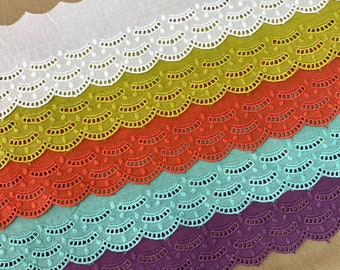 Scalloped Edge Cotton Embroidery Eyelet Lace Trim, 2 1/2" wide, Turquoise, White Purple Orange Lime