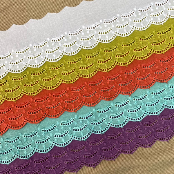 Scalloped Edge Cotton Embroidery Eyelet Lace Trim, 2 1/2" wide, Turquoise, White Purple Orange Lime