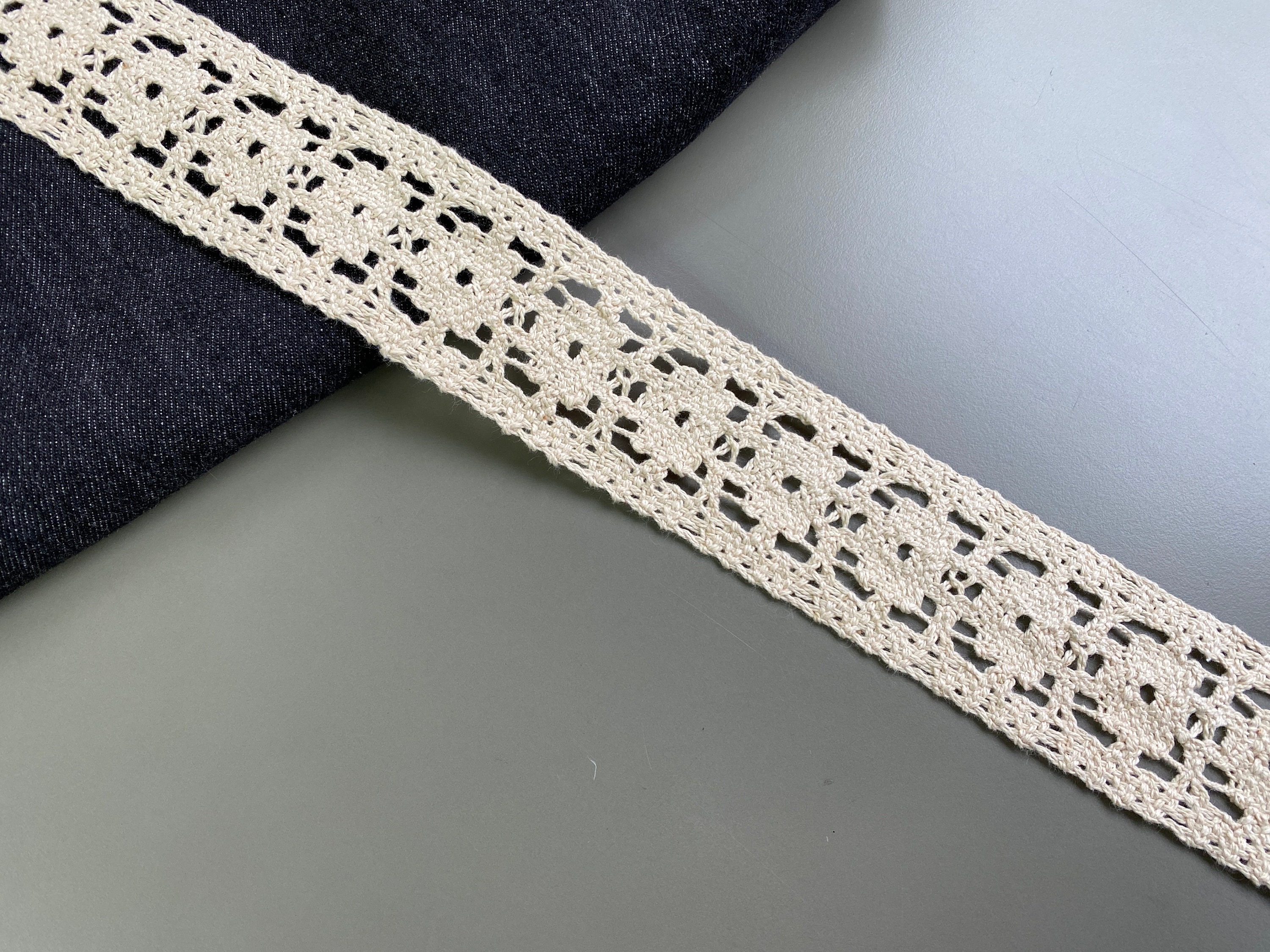 Natural Beige Square Insertion Cotton Crochet Lace Trim, 1 7/8