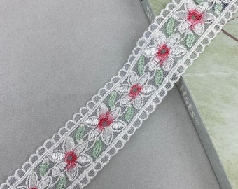 Multicoloured floral double scalloped edge embroidered tulle lace trim, Rayon, 2 1/4" wide, White Green Red