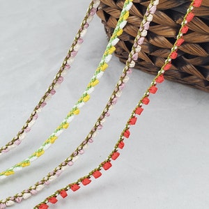 Country Rustic Farmhouse Floral Polyester Braid Ribbon Trim, 1/4&quot; 0.6cm wide, Green/ Red/ Yellow/ Pink