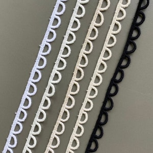 Minimalistische Bogenkante Baumwoll-Venedigspitze, 1 cm breit, Schwarz, Elfenbein, Weiß, Beige
