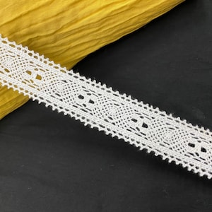 Geometric picot edge cotton cluny lace trim, 1 1/4&quot; 3 cm wide, White, Crochet lace, Edging trim, Retro lace ribbon