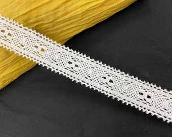 Geometric picot edge cotton cluny lace trim, 1 1/4" 3 cm wide, White, Crochet lace, Edging trim, Retro lace ribbon