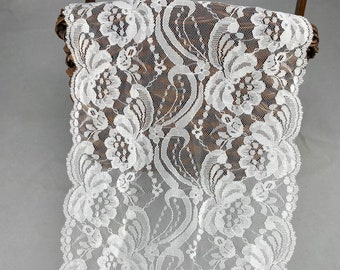 Floral double scalloped edge nylon raschel lace trim, 7 1/8" wide, White , Non-stretch