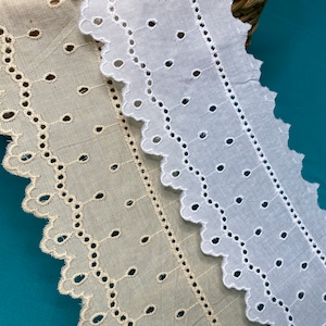 Bordure en dentelle à oeillets festonnés en coton à pois simples, 11 cm de large, broderie anglaise, beige, blanc