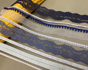 Assorted Trim Bundle - Die blaue Kollektion, 9 Borten (1 - 2 Meter lang) und 1 YKK unsichtbarer Reißverschluss, 11 Yards trimmen und 1 Reißverschluss pro Bundle