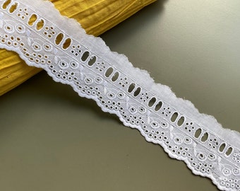 Wide floral beading scallop cotton eyelet lace trim, 2 1/8" 5.5 cm wide, White, Broderie Anglaise, Lace edge