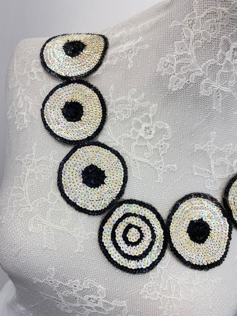 Shiny circle sequin applique motif, 5.5cm x 40cm, neckline applique patch embellishment, dress applique, sew on applique zdjęcie 5
