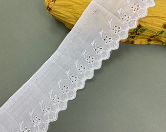 Wide glistening boho scalloped edge cotton eyelet lace trim with polyester thread, 4" 10cm wide, White, Broderie anglaise