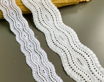 Wavy scalloped cotton eyelet lace trim, 1 3/8" 2 1/8" (3.5 cm 5.4 cm) wide, Broderie anglaise, Ivory, White