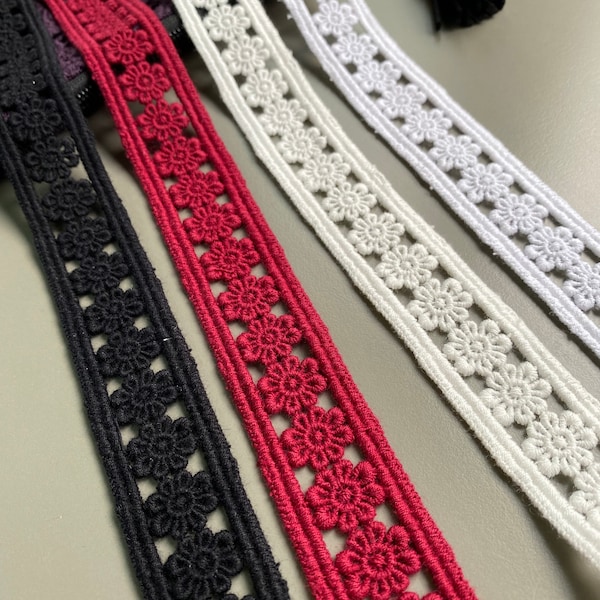 Floral insertion cotton venice lace trim, 1" Wide, Guipure Lace, Chemical Lace, Black, Ivory, Red, White