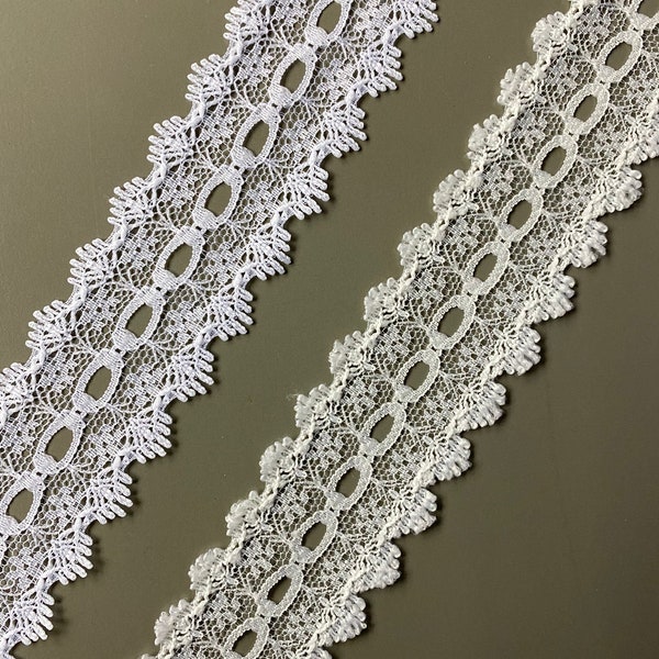 3 yds Perles festonnées Nylon Raschel Galloon Lace Trim, 1 5/16" de large, Blanc, Ivoire, Non Stretch, Dentelle à œillets