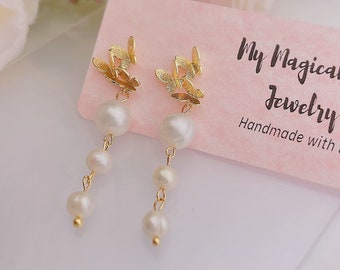 Tiny Butterfly Freshwater Pearl Gold Dangle Earrings, 18K Gold Earrings, Handmade Jewelry, Pearl Drop Earrings, Gift for Her