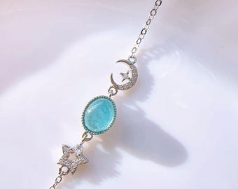 Aquamarine Moon & Star Bracelet: Sterling Silver Celestial Jewelry