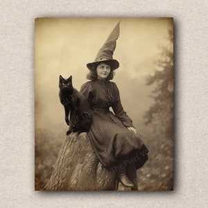Zdjęcie starej czarownicy i czarnego kota: Halloween Sepia PNG (pobranie cyfrowe)