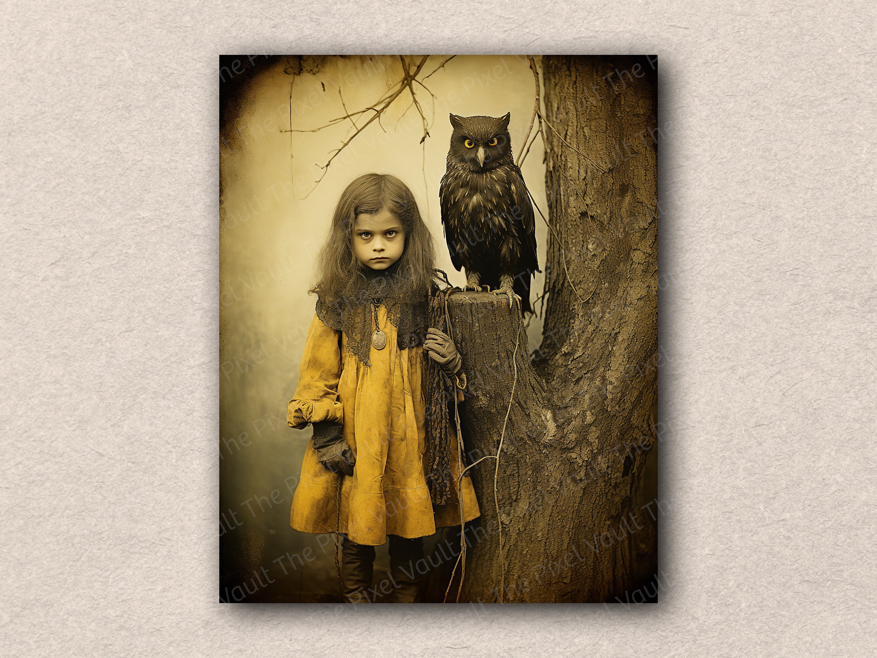 GIRL in a Yellow Coat, Owl Vintage Style Photo | Digital Download PNG | Halloween Scary Horror | Pap