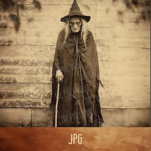 Descarga digital de bruja vintage – Arte espeluznante de Halloween – Vieja bruja espeluznante con bastón – Decoración gótica única