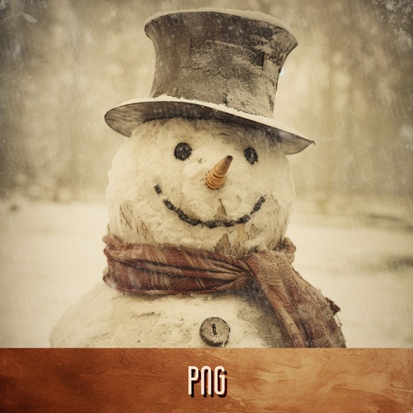 Vintage Snowman PNG, Rustic Christmas Digital Download, Sepia Holiday Art, Printable Antique Snowman