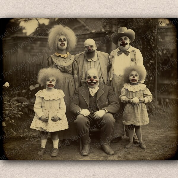 Vintage Style Creepy Clown Family Photo | Spooky Halloween Ephemera | PNG Download | Ideal for Paper Crafts, Scrapbooking & Junk Journals