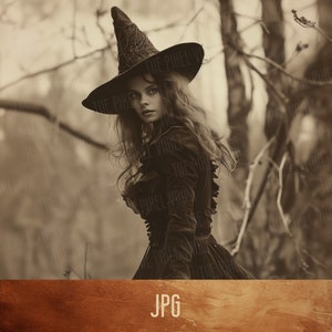 Enchanting Witch Digital Download – Gothic Halloween Art – Beautiful Witch in Sepia Tones – Unique Vintage Decor