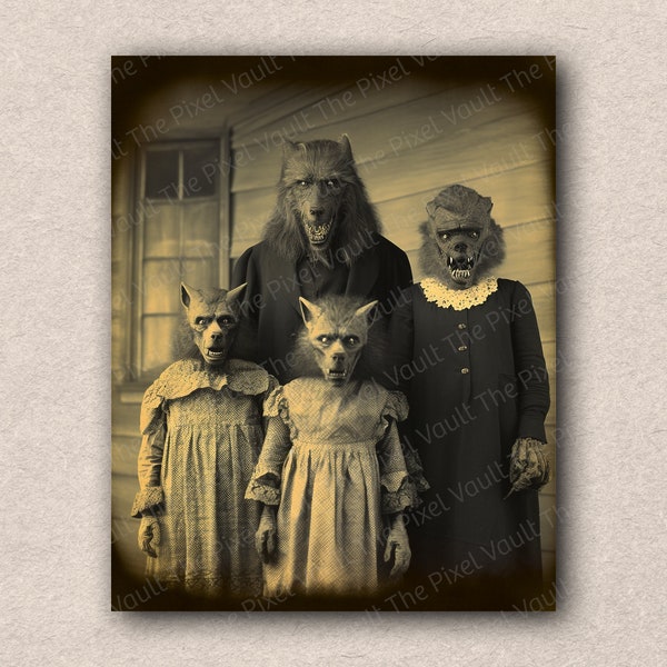 Vintage Style Creepy Wolf Family Photo | Digital Download PNG | Halloween Scary Horror | Paper Craft Junk Journal Scrapbooking | Ephemera