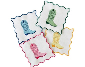 Embroidered Linen Cowboy Boot Cocktail Napkins - Set of 4