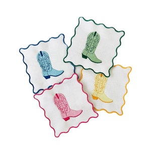 Embroidered Linen Cowboy Boot Cocktail Napkins - Set of 4