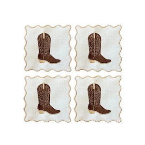 Embroidered Cowboy Boot Linen Cocktail Napkins - Scalloped Edge
