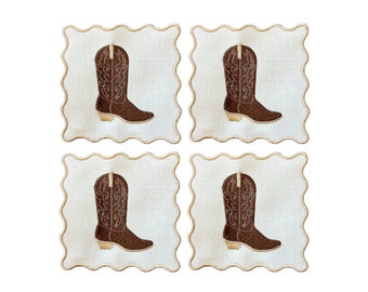 Embroidered Cowboy Boot Linen Cocktail Napkins - Scalloped Edge