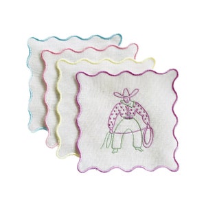 Cowboy Cocktail Napkin  / Scalloped / Coasters / Hostess Gift / Linen / Embroidered / Pink/ Purple / Trend Alert / Bridesmaid / Bachelorette