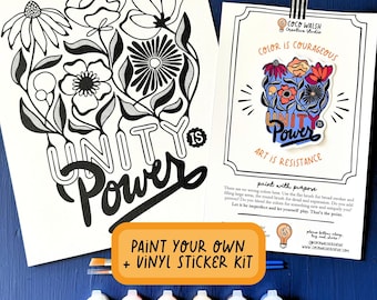 Unity is Power Paint Your Own Art Kit, DIY Painting Kit with Vinyl Sticker, Feminist Wall Art, Activist Gift, Floral Art Print, Creative Kit