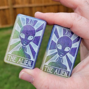 The Alien Tarot Card Resin Keychain or pair of Dangle Earrings