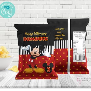 Mickey Mouse Chip Bag, Digital File, Treat Wrappers, Editable Chip Bag