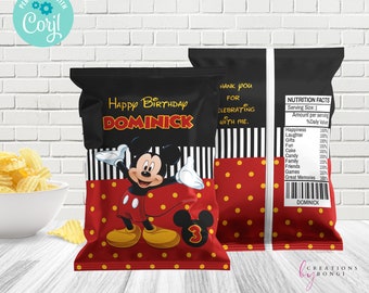 Mickey Mouse Chip Bag, Digital File, Treat Wrappers, Editable Chip Bag