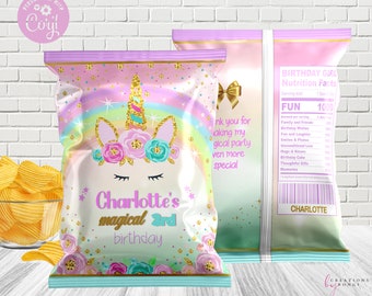 Unicorn Chip Bag/ Editable/ Digital download/ Unicorn Chip Wrapper