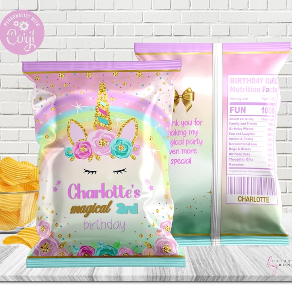 Unicorn Chip Bag/ Editable/ Digital download/ Unicorn Chip Wrapper