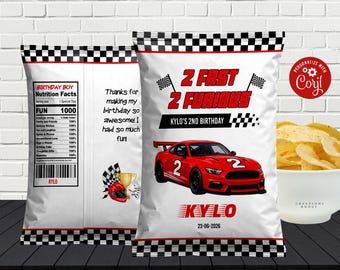 Plantilla de bolsa de papas fritas de 2 Fast 2 Furious, Corjl / Recuerdos de fiesta de cumpleaños de 2º cumpleaños de Two Fast editables / Bolsa de papas fritas de cumpleaños con temática de autos de carreras / Descarga instantánea