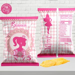 Pink Doll Chip Bags/ Editable/Digital download/Doll Party/ Doll Birthday
