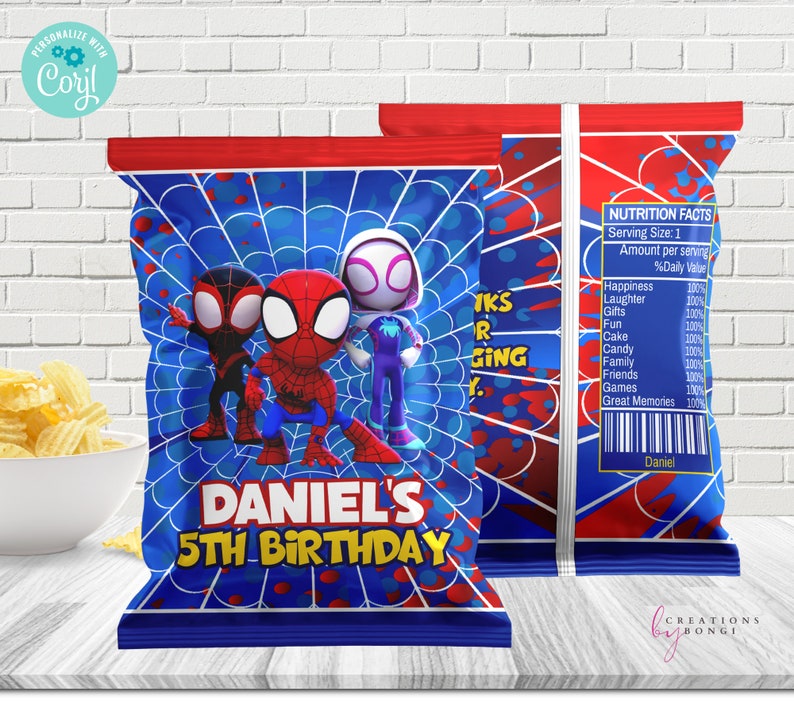 May include: A blue and red chip bag with a spider-man theme. The bag features three cartoon spider-man characters and the text "Daniel's 5th Birthday".