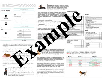 May include: A printable checklist for new puppy owners. The checklist includes sections for contact details, vet practice, worming schedule, socialization checklist, handling, around the home, outside the home, and a table for offspring.