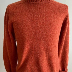 May include: A burnt orange sweater with a crew neck and long sleeves. The cuffs and hem are ribbed. The sweater is displayed on a mannequin.
