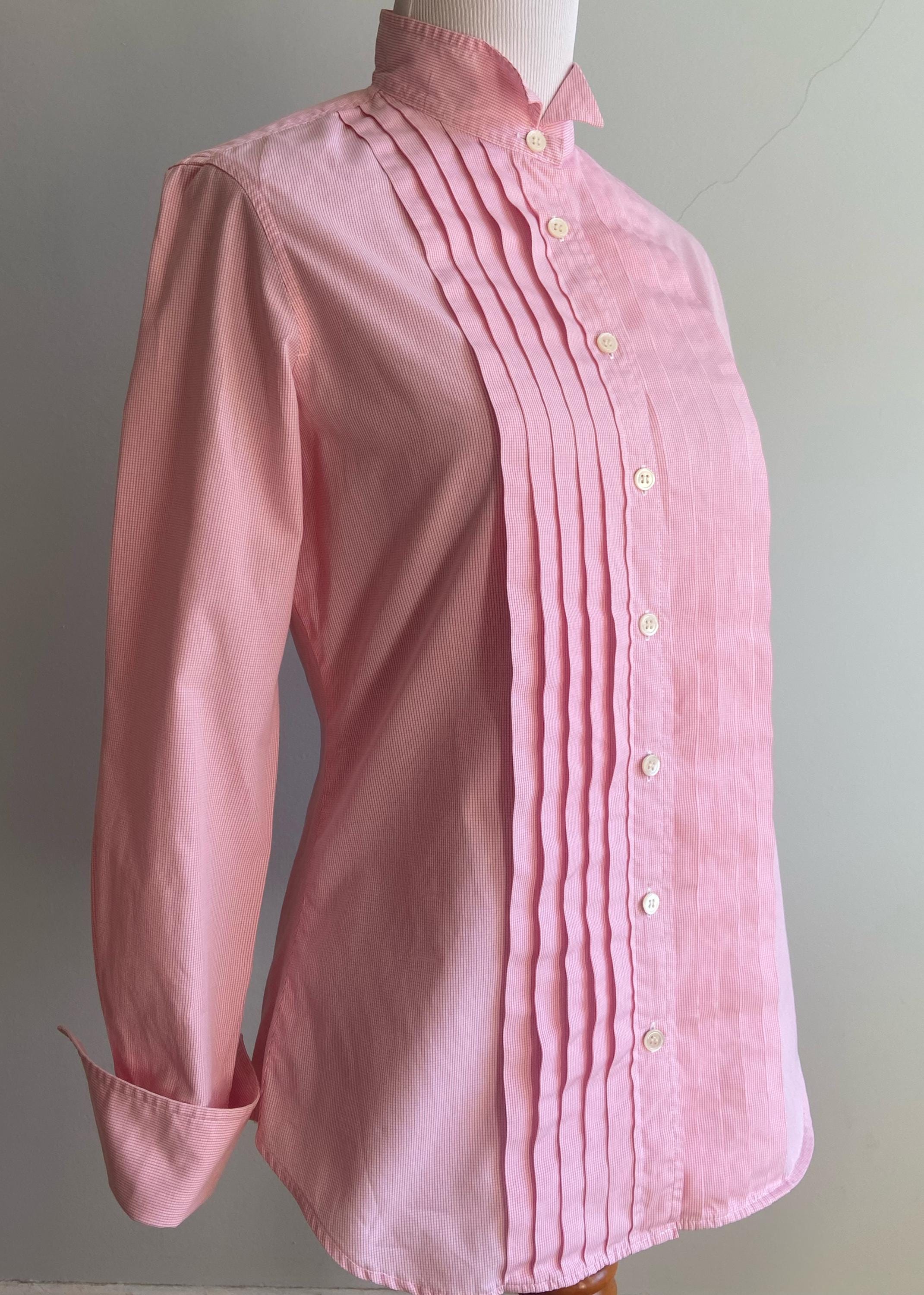J.Crew, Vintage Women’s “J.Crew” Tuxedo Shirt in a Pink and White Microcheck Cotton
